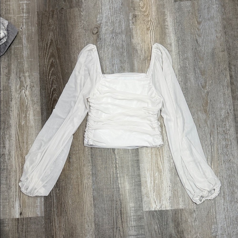 Women’s White Ruched Square-Neck Long Sleeve Top
